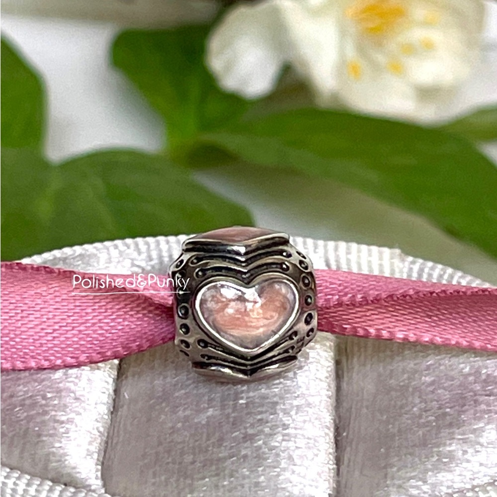 Pandora Pink enamel Heart bracelet charm ~ retired~ trademark stamped